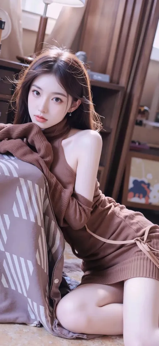 棕色连衣裙美女手机壁纸｜室内居家背景图片 - 时尚魅力「哲风壁纸」