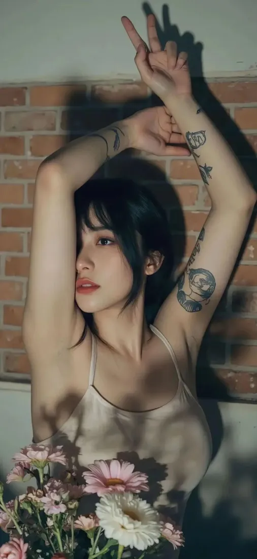 美女手机壁纸｜砖墙花背景图片 - 纹身吊带短发「哲风壁纸」