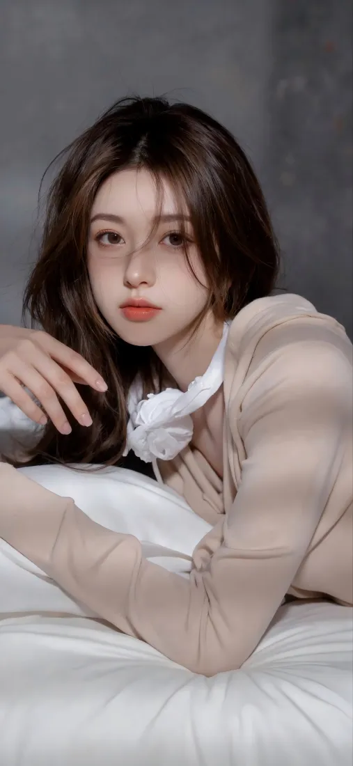 美女居家手机壁纸｜浅棕上衣背景图 - 长发红唇「哲风壁纸」
