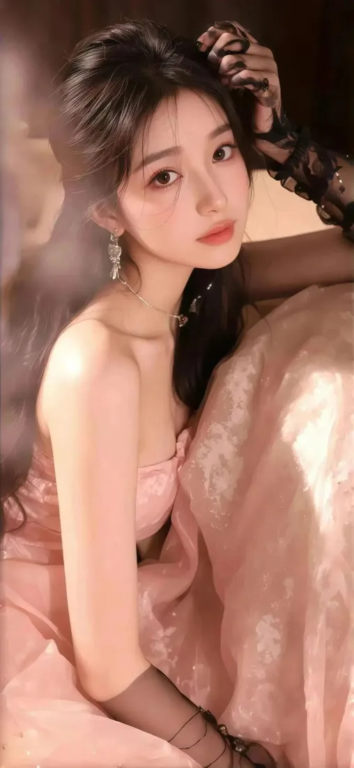 粉色礼服美女手机壁纸｜粉色背景 - 黑手套魅力「哲风壁纸」