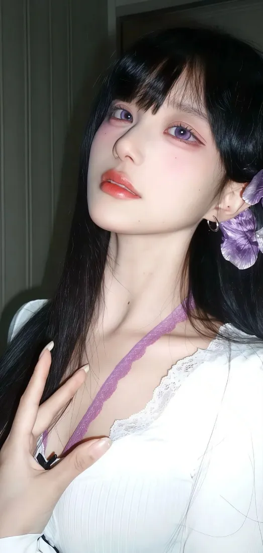 白衣美女手机壁纸｜紫花耳饰背景图片 - Ios「哲风壁纸」