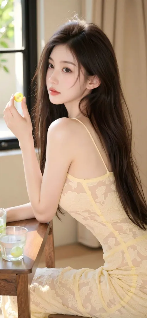 长发美女手机壁纸｜室内背景图片 - 黄色连衣裙「哲风壁纸」
