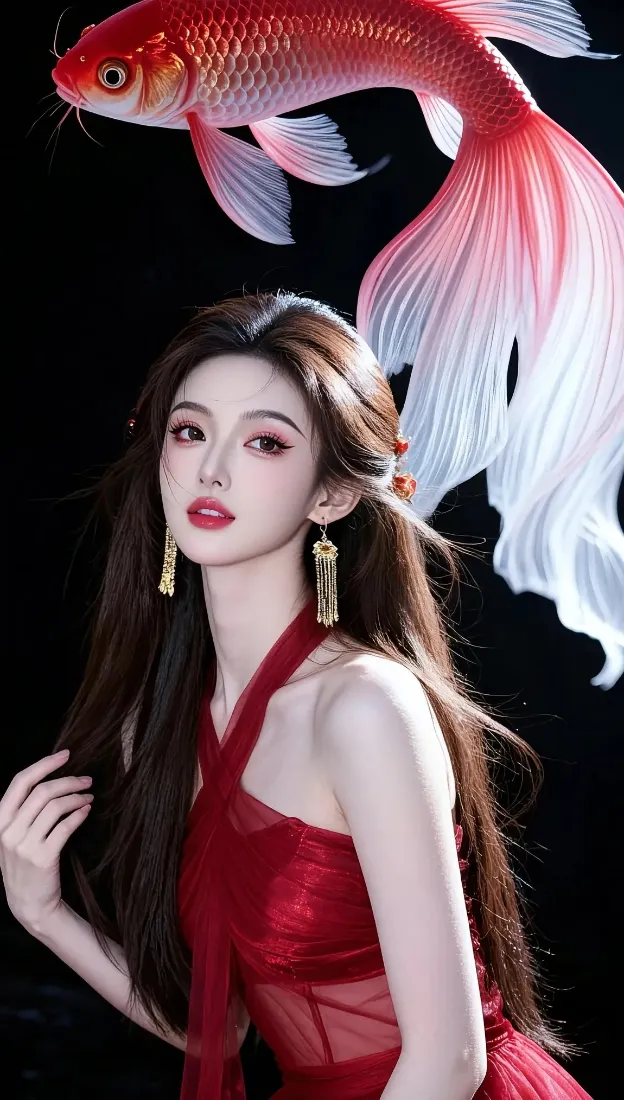 红衣美女手机壁纸｜红白色金鱼背景图片 - 红色礼服「哲风壁纸」