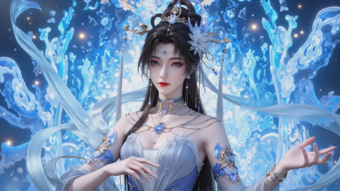 4k邀月壁纸｜冰蓝背景图 - 仙侠古风美女「哲风壁纸」
