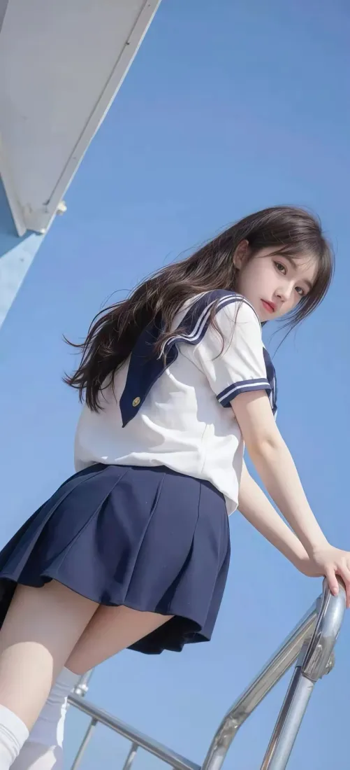 JK制服少女手机壁纸｜蓝天栏杆背景 - 日系校园「哲风壁纸」