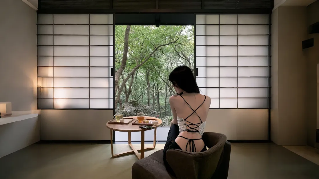 2k黑衣美女壁纸｜日式拉门背景 - 绿色树林意境「哲风壁纸」