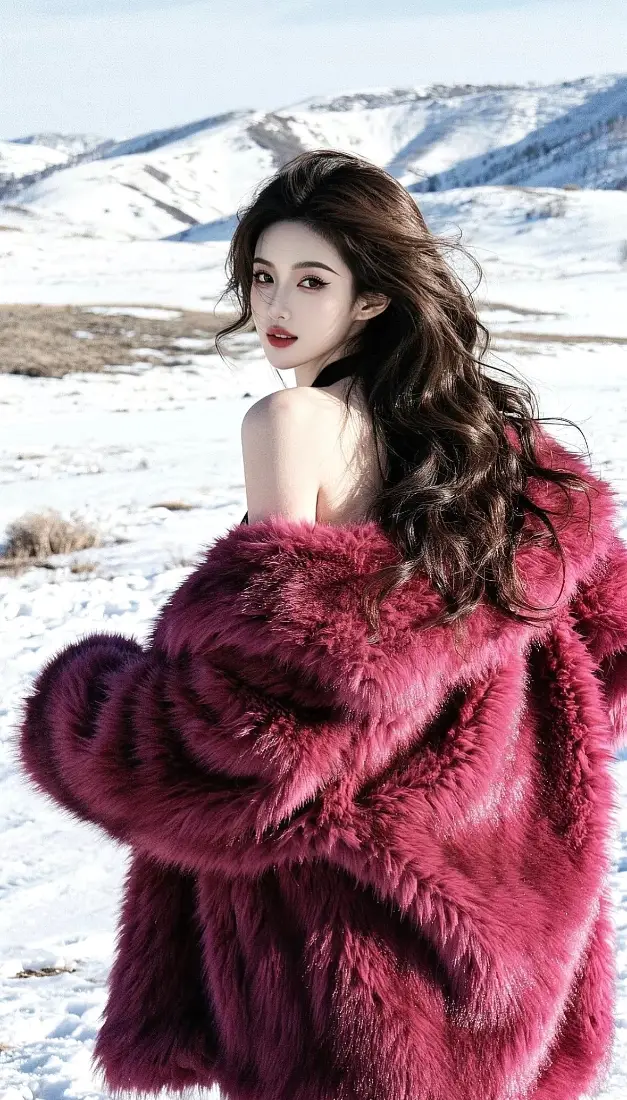 红衣美女手机壁纸｜雪山雪景背景图片 - 酒红毛绒外套「哲风壁纸」