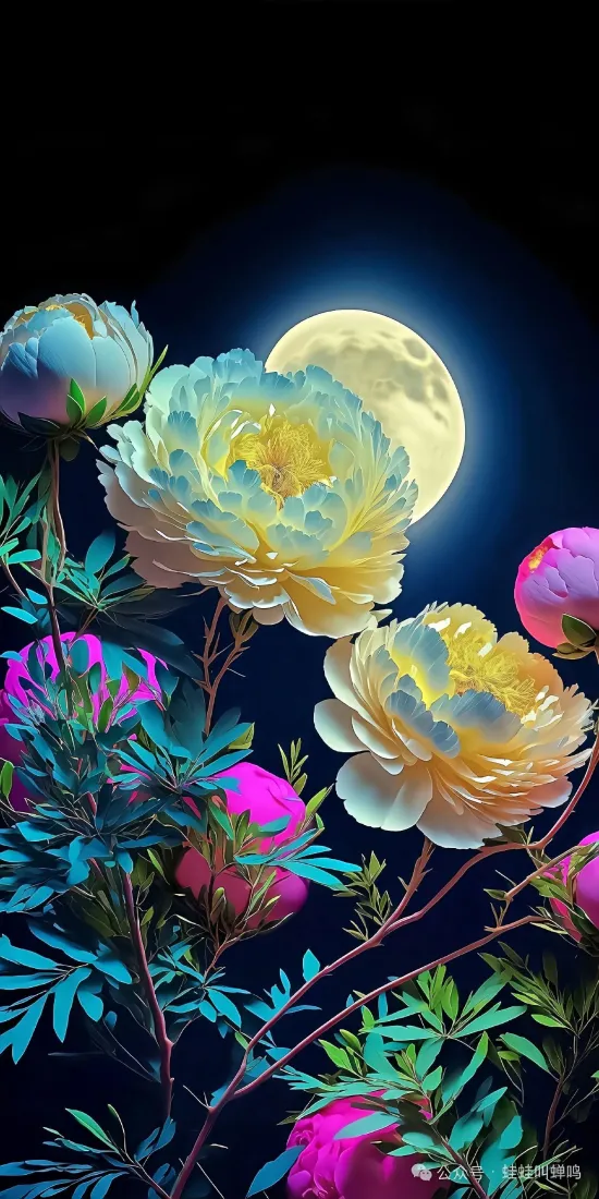 月夜牡丹手机壁纸｜黑色背景图片 - 自然风景「哲风壁纸」