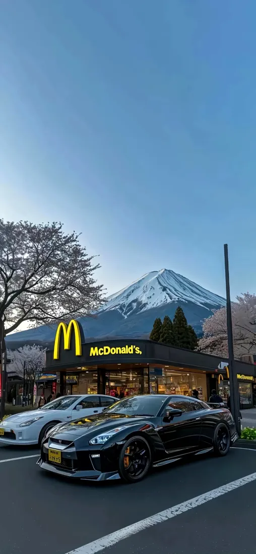 麦当劳门店手机壁纸｜富士山背景图片 - 樱花汽车日本街景「哲风壁纸」