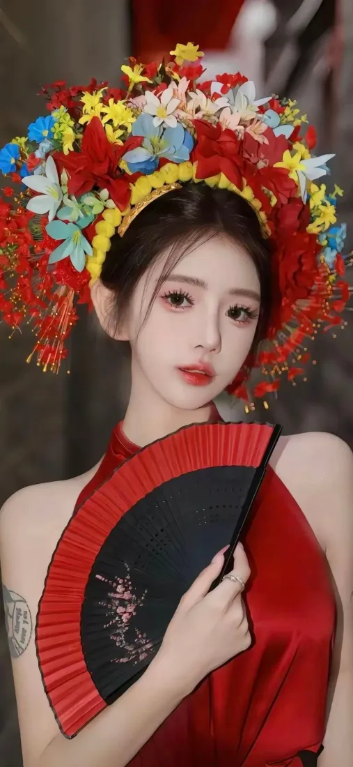 红衣女子手机壁纸｜传统头饰背景图片 - 折扇中国风「哲风壁纸」