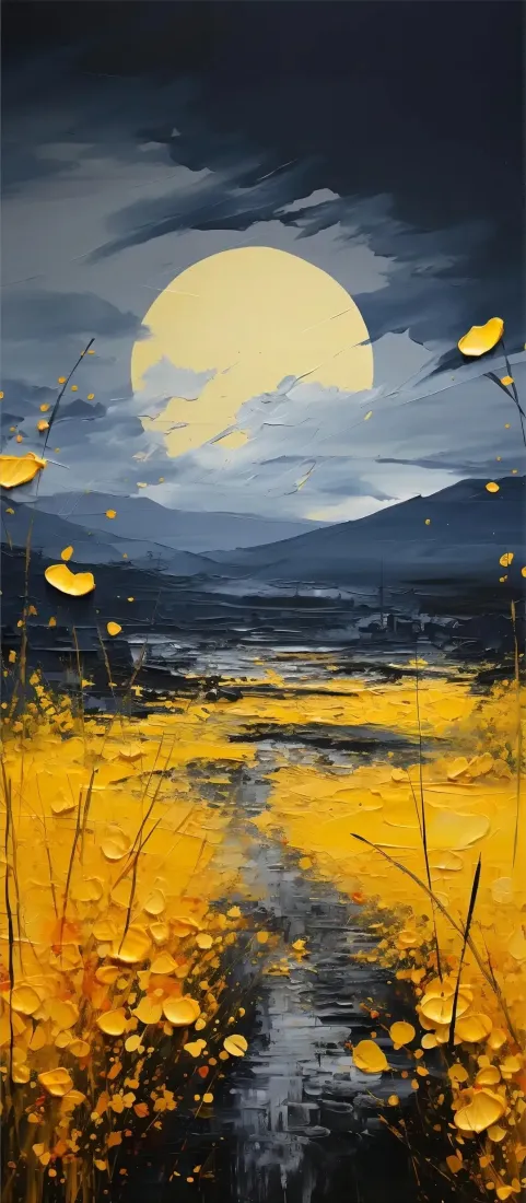 黄色花海满月手机壁纸｜自然风景背景 - 夜晚山峦小径「哲风壁纸」