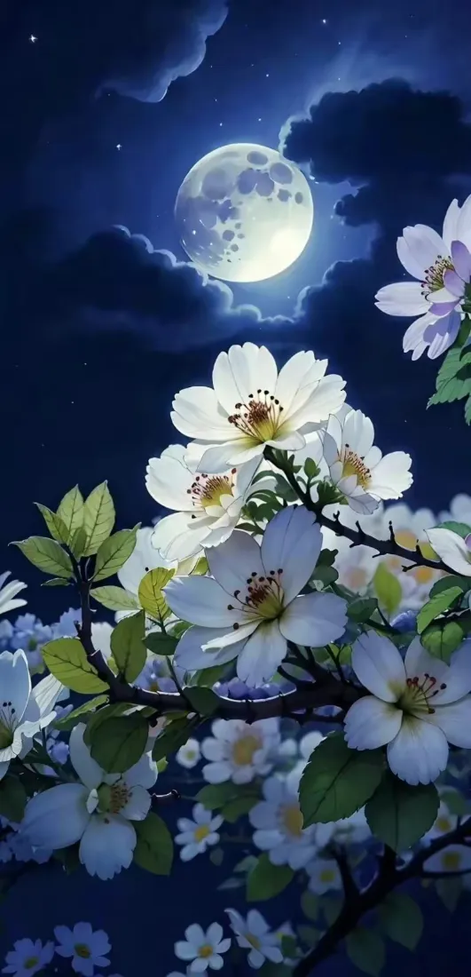 月夜白花手机壁纸｜夜空明月背景 - 自然风景「哲风壁纸」
