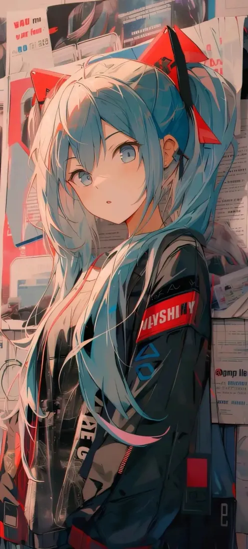 初音未来手机手机壁纸｜蓝发背景图 - 双马尾红丝带「哲风壁纸」