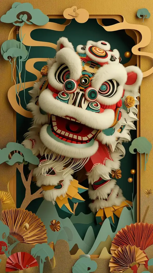 舞狮手机壁纸｜中国风背景图片 - 纸艺民俗装饰「哲风壁纸」