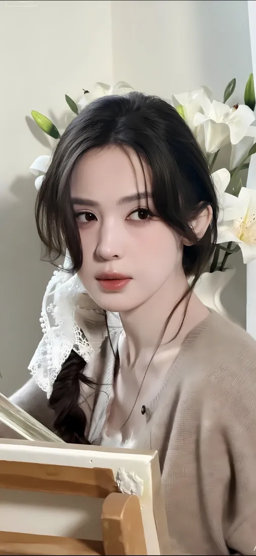 古力娜扎手机壁纸｜画架背景 - 白色花卉浅棕衣「哲风壁纸」