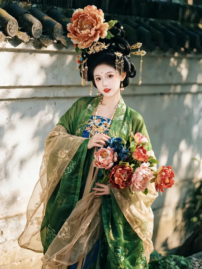 绿衣古风美女手机壁纸｜中式建筑背景 - 手持花束「哲风壁纸」