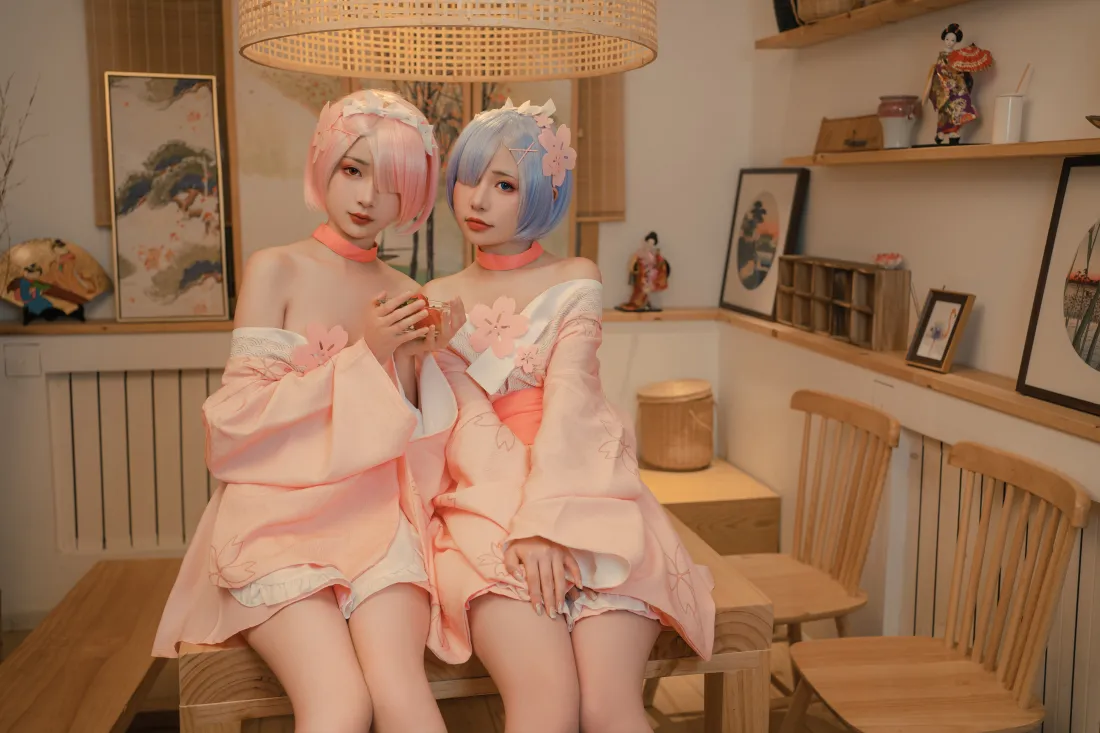 6k蕾姆拉姆壁纸｜日式房间背景图片 - 粉色和服cosplay「哲风壁纸」