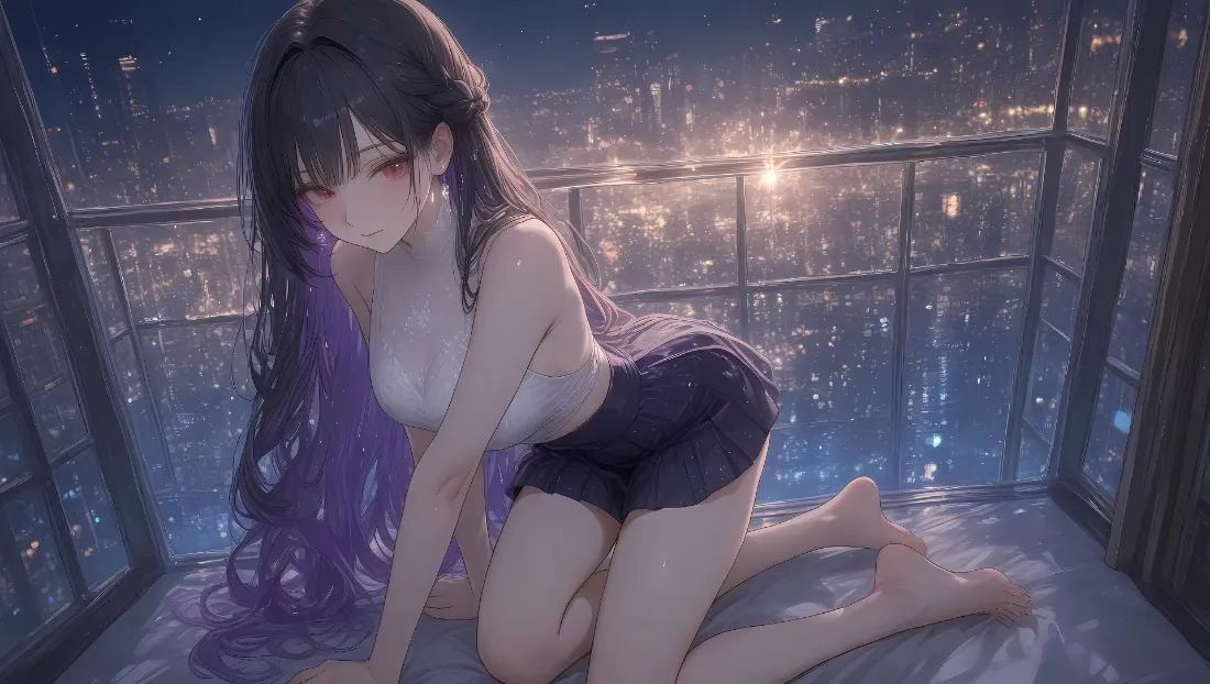 2k（动漫女孩壁纸｜城市夜景背景 - 紫色长发）「哲风壁纸」
