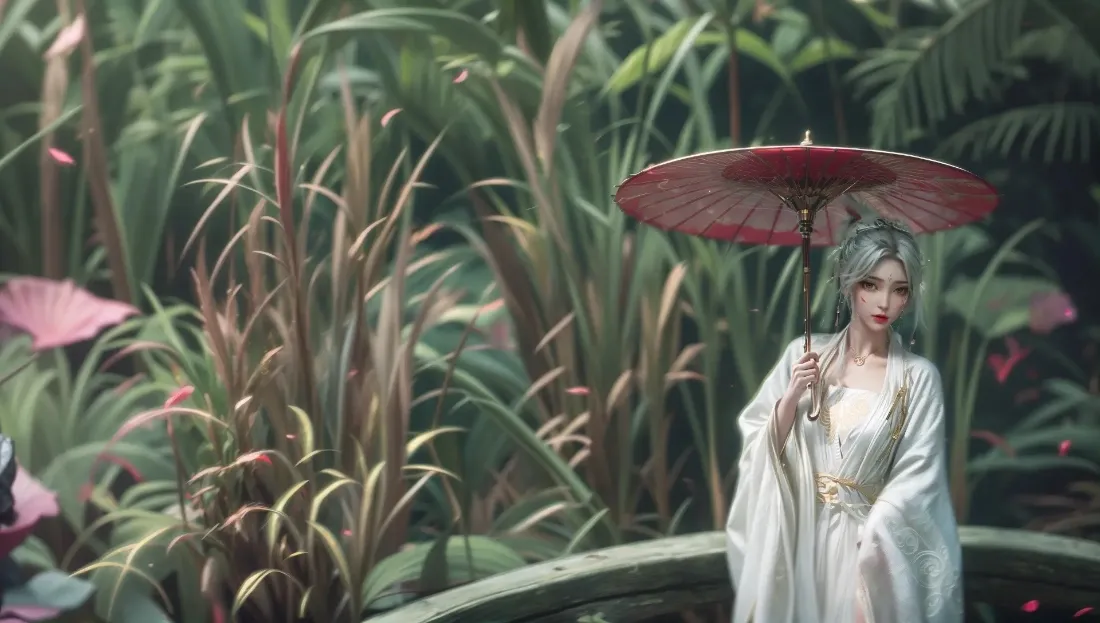 2k古风女子壁纸｜雨林绿植背景 - 红色油纸伞「哲风壁纸」