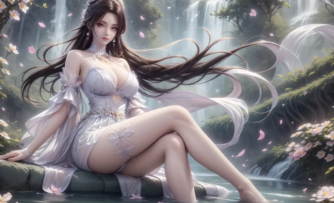 2k古风美女壁纸｜瀑布背景图片 - 花瓣古风服饰「哲风壁纸」