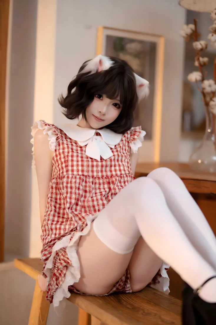 女仆猫耳美女手机壁纸｜室内背景图 - 红白格裙「哲风壁纸」