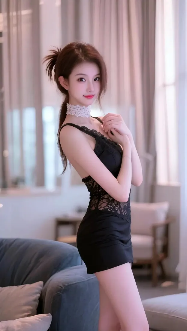（黑衣美女短裙手机壁纸｜室内沙发背景图片 - 性感迷人）「哲风壁纸」