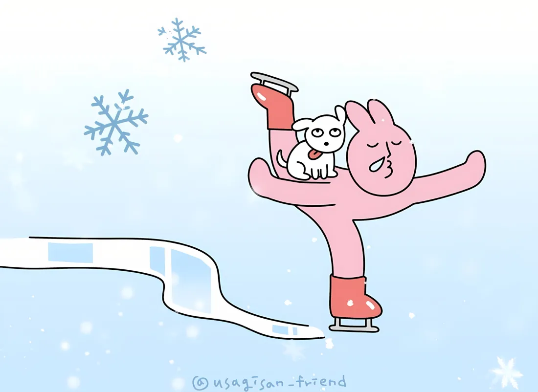 2k粉红兔溜冰壁纸｜蓝色背景 - 雪景小猫滑冰「哲风壁纸」