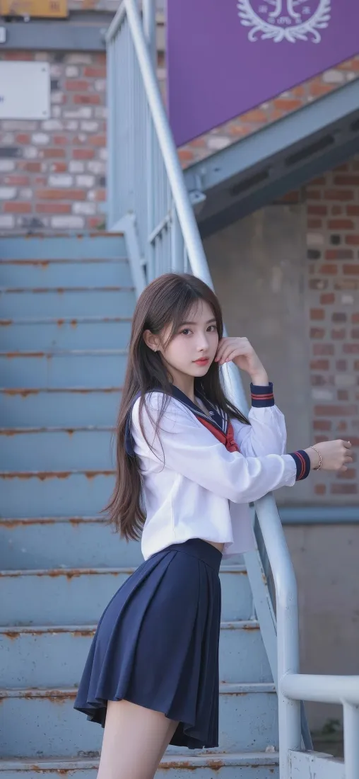 JK美女手机壁纸｜校园楼梯背景图片 - 清纯少女「哲风壁纸」