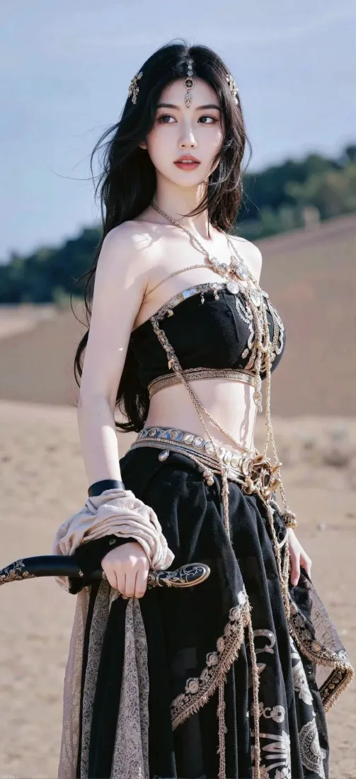 黑衣美女手机壁纸｜沙漠背景图片 - 古风服饰「哲风壁纸」