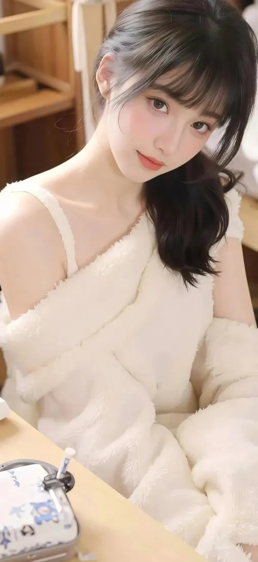 美女手机壁纸｜米白服饰背景图片 - 居家清纯「哲风壁纸」