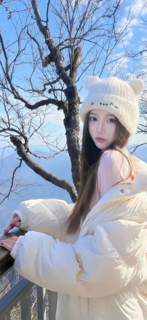 白衣女生手机壁纸｜蓝天远山背景图片 - 猫耳帽「哲风壁纸」