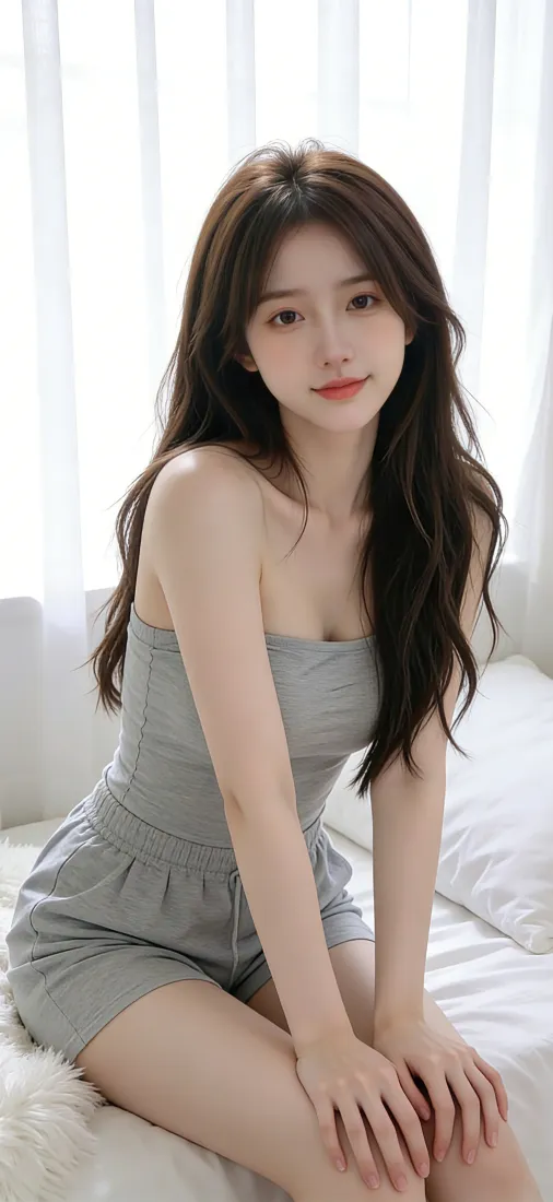 长发美女手机壁纸｜卧室背景图片 - 灰色抹胸「哲风壁纸」