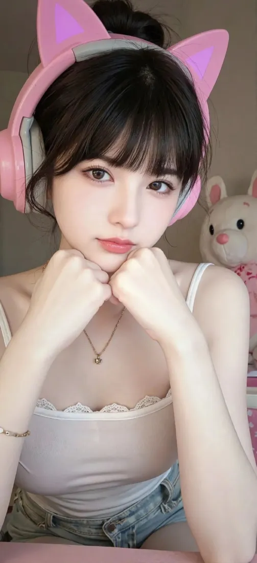 粉色猫耳耳机女生手机壁纸｜粉色背景图片 - 可爱甜美「哲风壁纸」