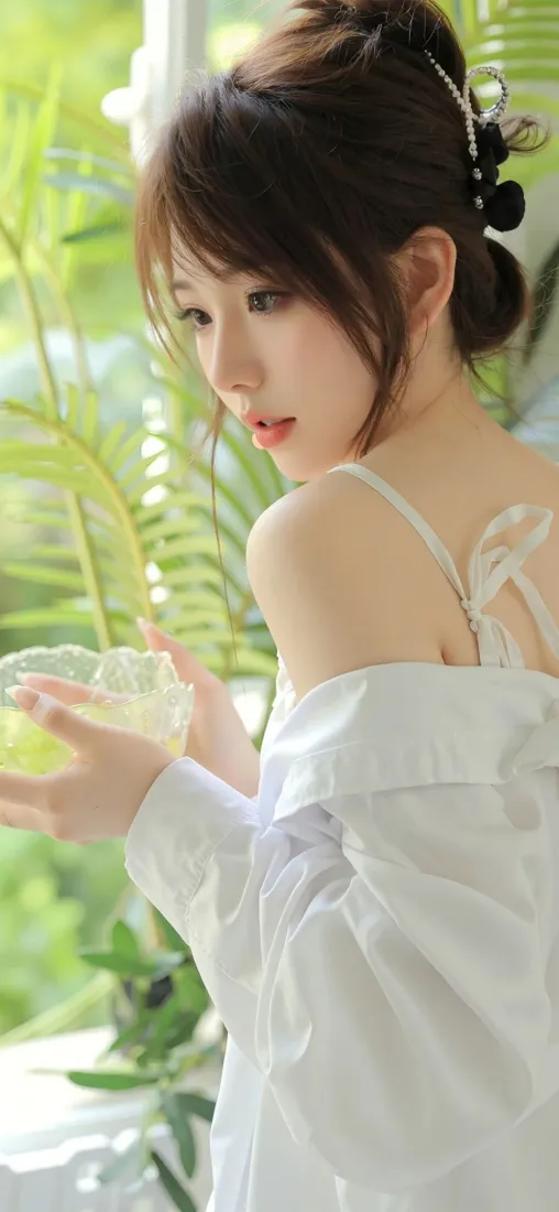 白衣少女手机壁纸｜绿植背景图片 - 清新夏日窗台「哲风壁纸」