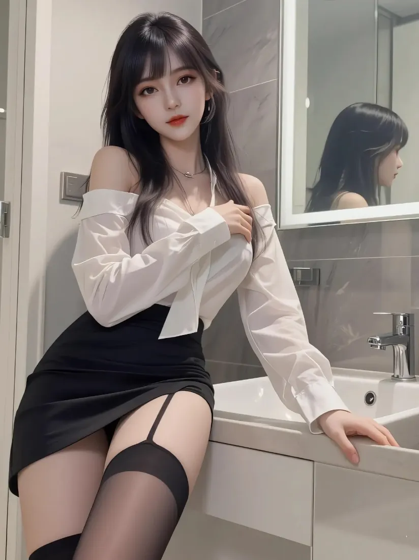 白衣美女手机壁纸｜浴室背景图片 - 黑丝短裙「哲风壁纸」