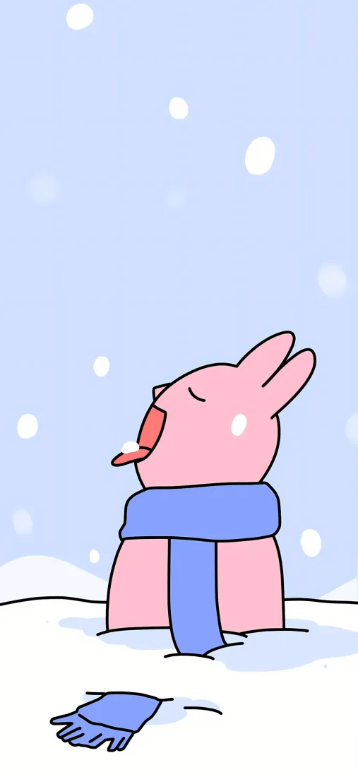 粉红兔手机壁纸｜雪地背景图片 - 吃雪可爱卡通兔「哲风壁纸」