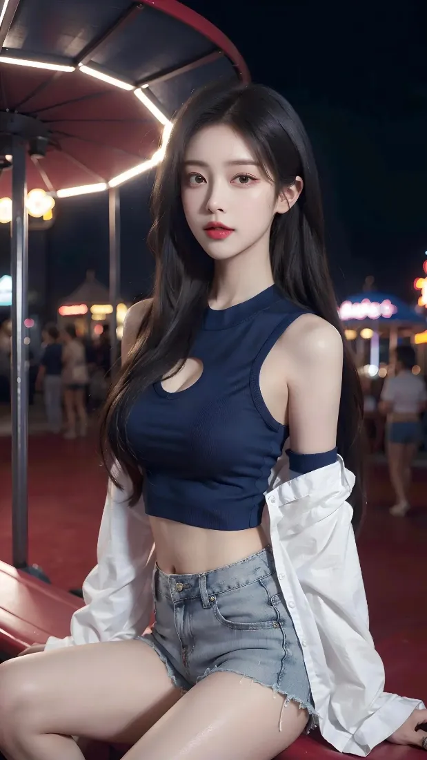 美女手机壁纸｜游乐场夜景背景 - 蓝色上衣「哲风壁纸」