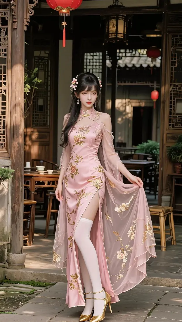 古风美女手机壁纸｜中式庭院背景 - 粉色旗袍「哲风壁纸」