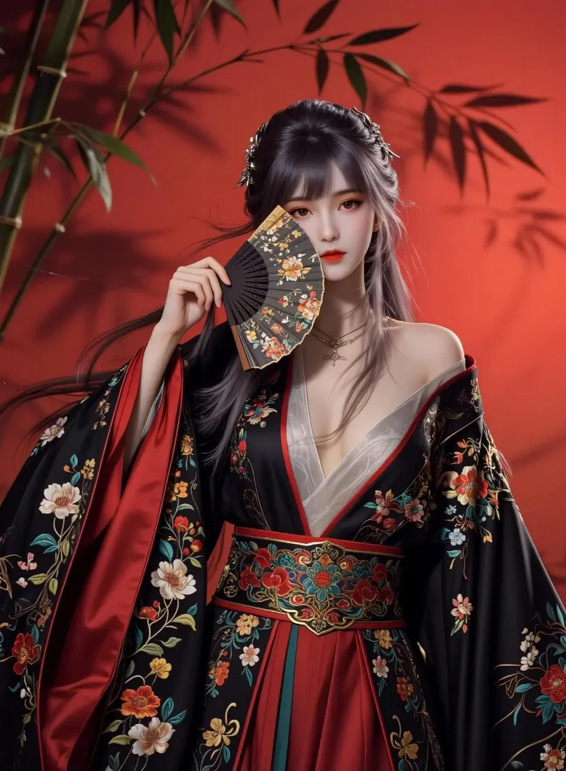 古风美女手机壁纸｜红色背景图片 - 折扇国风服饰「哲风壁纸」