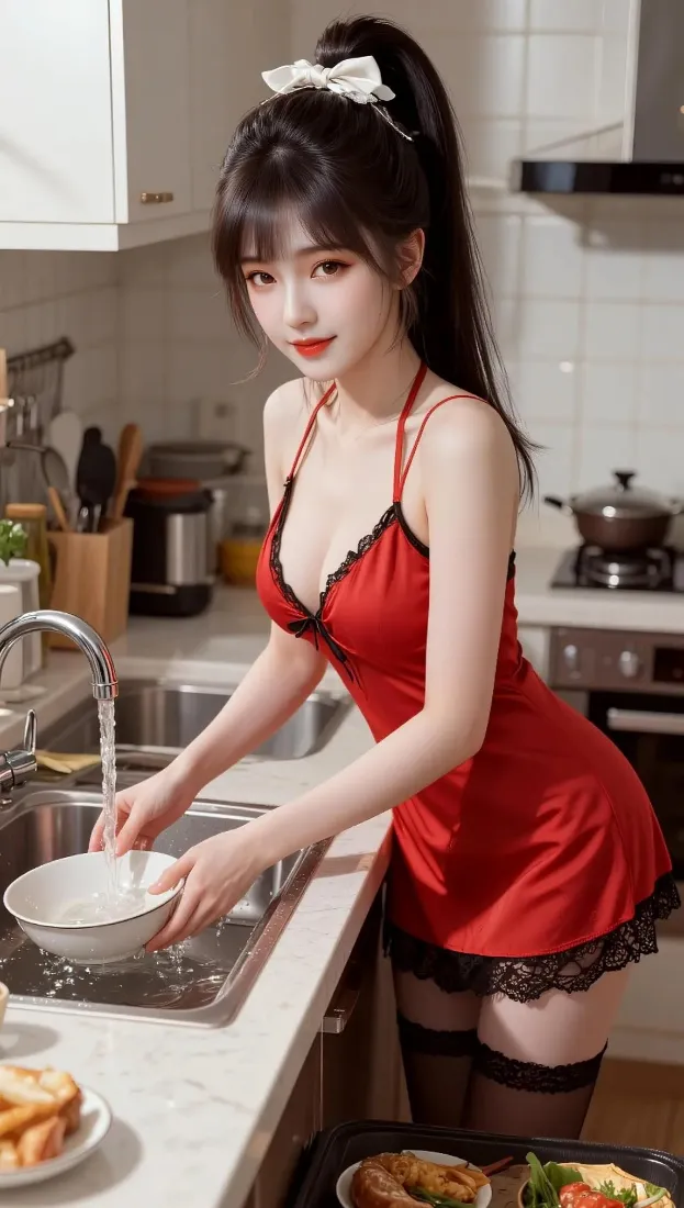 红衣美女手机壁纸｜厨房背景图片 - 洗碗居家黑丝「哲风壁纸」