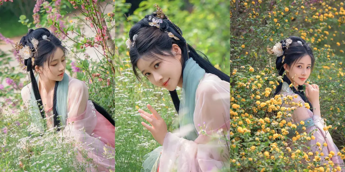 2k如花壁纸｜古风背景图片 - 汉服女子花丛写真「哲风壁纸」