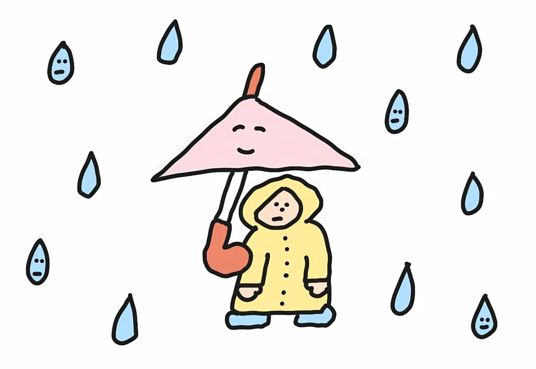 2k卡通小孩下雨壁纸｜粉色雨伞背景图片 - 黄色雨衣「哲风壁纸」