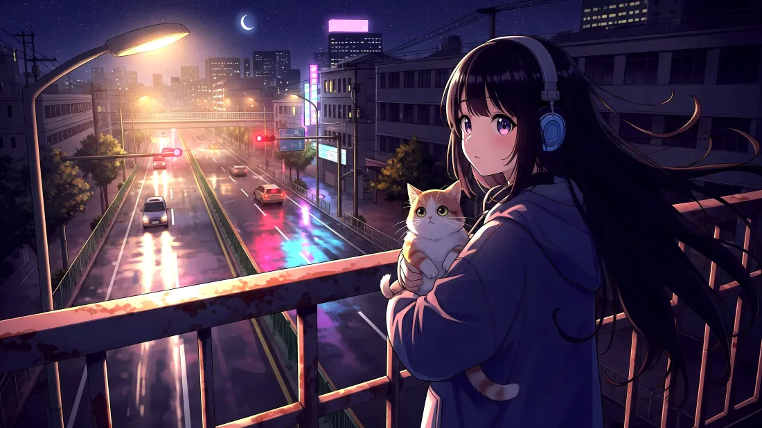 8k二次元女孩抱猫壁纸｜雨夜都市背景图片 - 耳机长发「哲风壁纸」