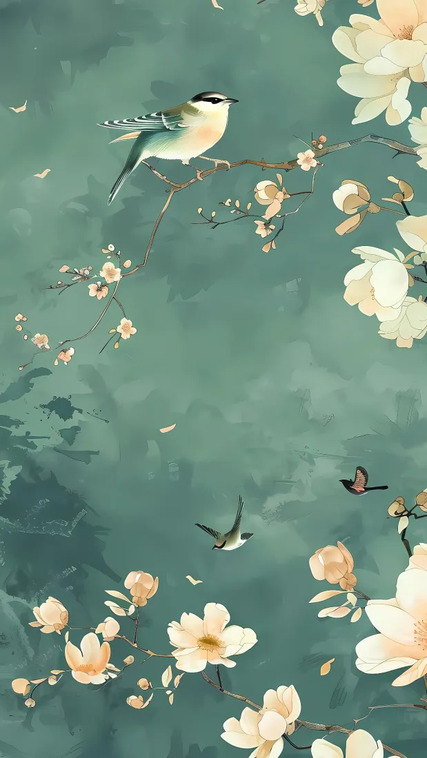 国风花鸟手机壁纸｜青绿色背景 - 工笔花鸟图「哲风壁纸」