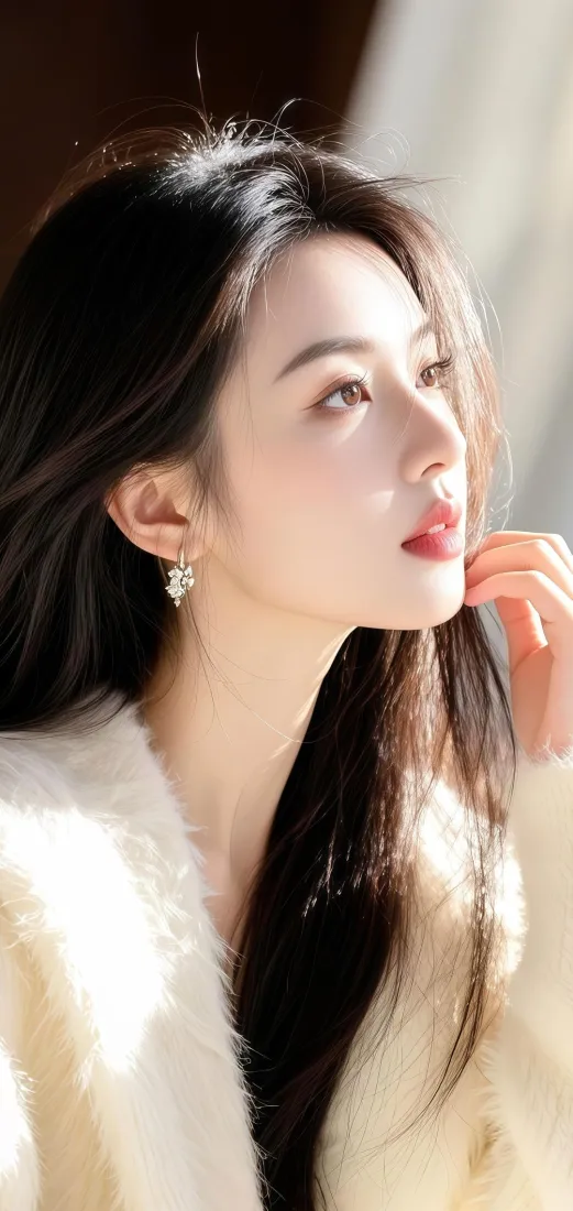 长发美女手机壁纸｜白色毛绒背景 - 精致妆容迷人「哲风壁纸」