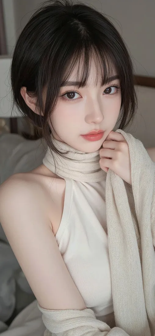短发美女手机壁纸｜米白背景图片 - Ios「哲风壁纸」