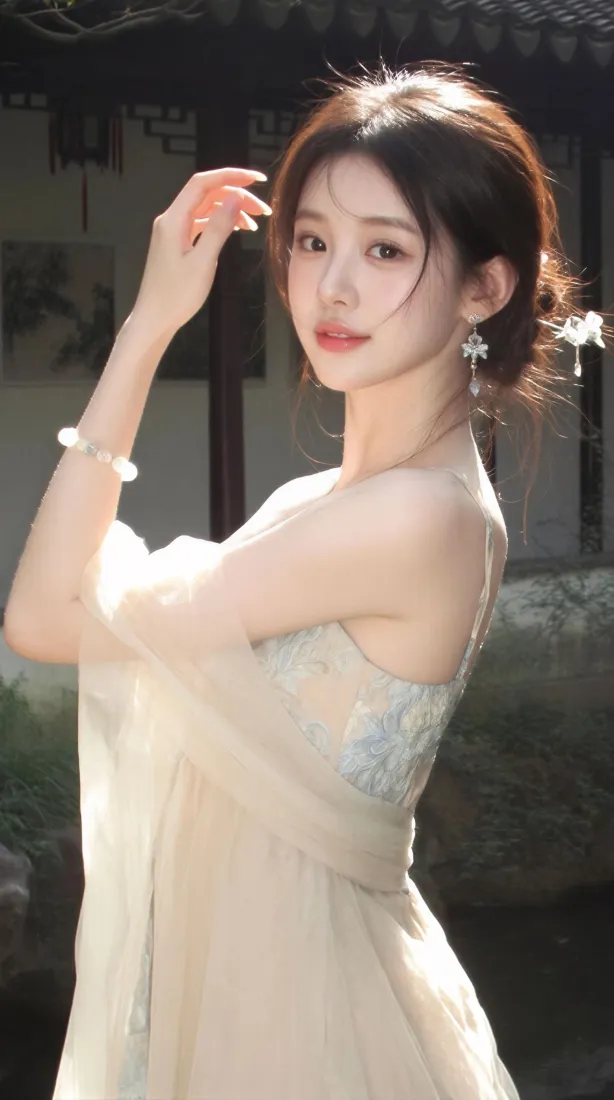 古风美女手机壁纸｜中式庭院背景图片 - 浅纱裙优雅「哲风壁纸」
