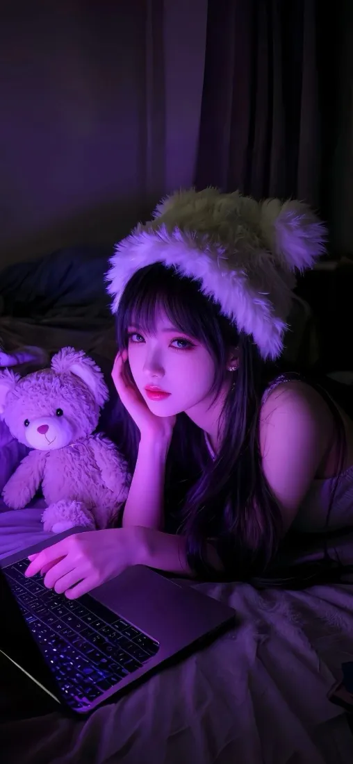 毛绒帽美女手机壁纸｜紫色背景图片 - 泰迪熊「哲风壁纸」