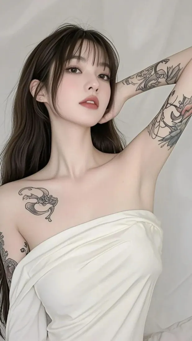 纹身美女手机壁纸｜灰白背景 - 白衣长发红唇「哲风壁纸」
