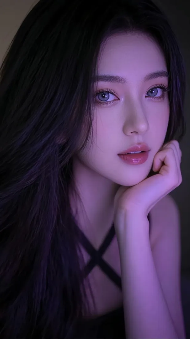 长发美女手机壁纸｜暗调背景图片 - 紫色光线「哲风壁纸」